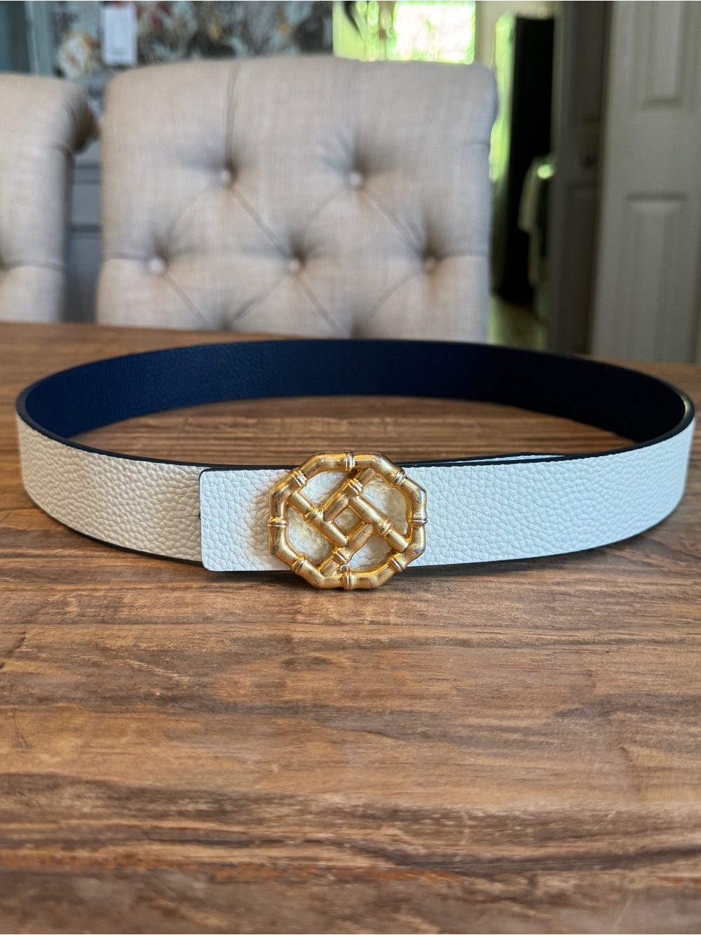 J. McLaughlin Reversible Leather Belt Matte Gold Buckle Blue White M / 35"